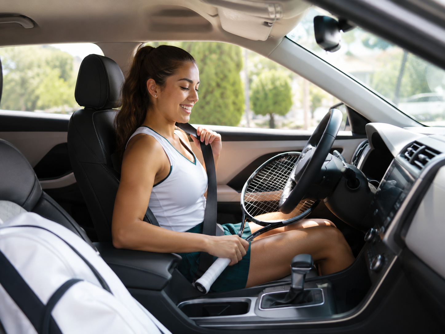 Woman sitting in a car before her tennis match, wearing headphones and listening to the Pre-Match Drive audio